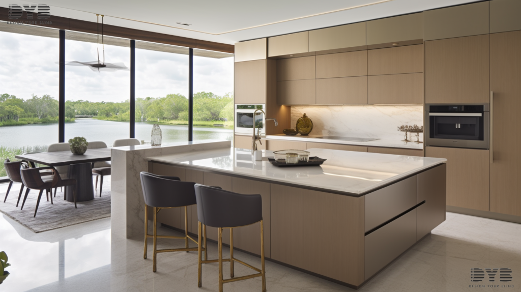 A kitchen in Parkland, Florida, with Silhouette Shades on the windows, sleek cabinets, a large island, and modern appliances.