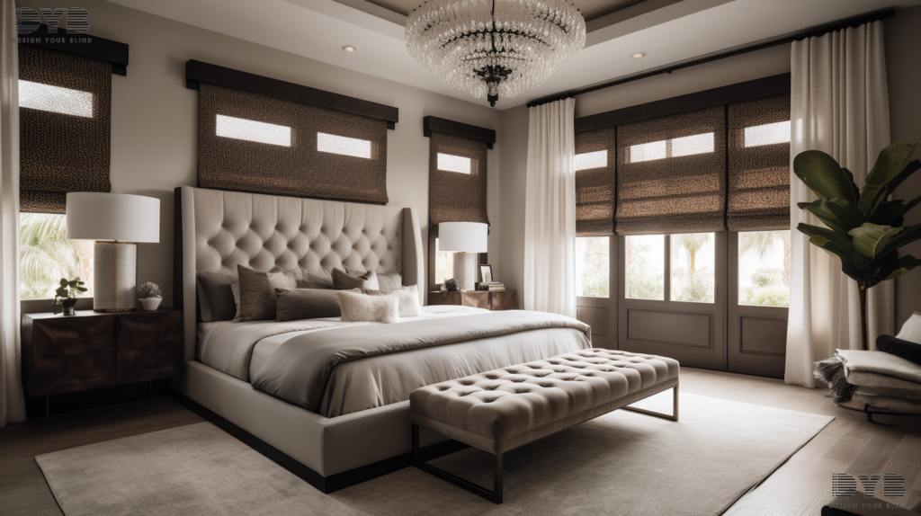 Luxurious master bedroom in Delray Beach with fully closed Hunter Douglas Silhouette Shades, creating a serene and stylish sleep environment.