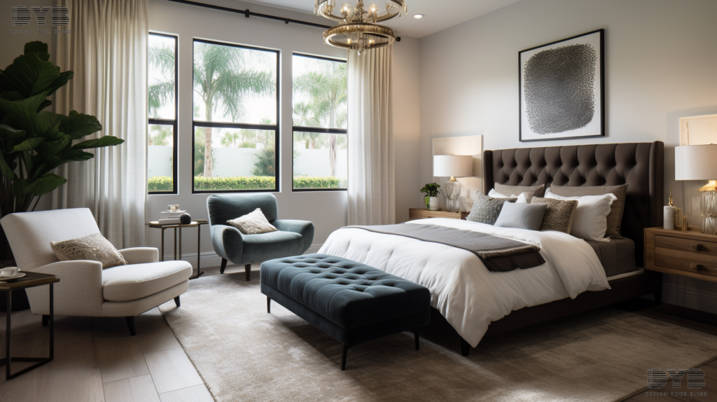 A bedroom in Parkland, FL, with Hunter Douglas Silhouette Shades, a king-sized bed, and a reading nook.