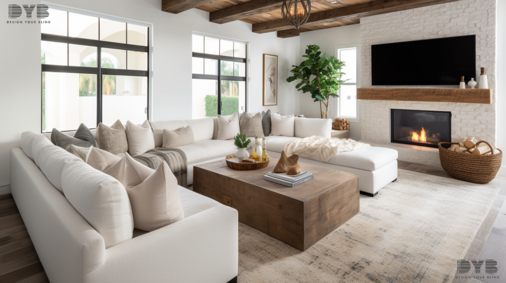 Formal living room in Palm Beach Gardens, Florida, featuring Honeycomb Shades, overlooking a lush backyard.