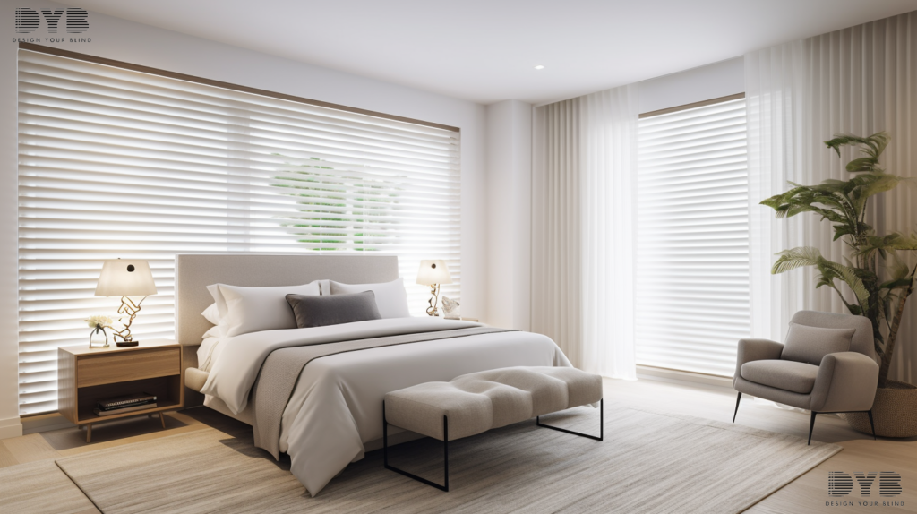 A bright and airy bedroom in Boca Raton, FL, featuring a large window showcasing motorized wooden Horizontal Blinds. The blinds are partially closed, allowing for soft, diffused light to create a calming and peaceful atmosphere. The room is designed in a minimalist style with furniture from Ethan Allen, including a plush bed with a comfortable duvet, a sleek nightstand, and a modern lamp. The blinds are the focal point of the image. The room is accented with a contemporary sculpture on the wall, adding a touch of modern art to the space.