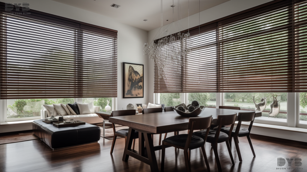 A modern dining room in Boca Raton, FL, with large windows showcasing fully closed, motorized wooden Horizontal Blinds. The blinds are a rich, dark wood color, contrasting beautifully with the room's light and airy ambiance. The room is furnished with contemporary pieces from Baker Furniture, including a sleek dining table and modern chairs. The blinds provide a peaceful ambiance, allowing for natural light to filter through while protecting the interior from the sun's harsh rays. The room is accented by a contemporary sculpture on the wall, adding a touch of modern art to the space.