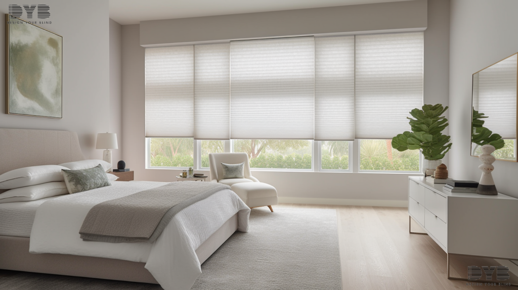 Bright and airy bedroom in Delray Beach with a partially closed motorized Hunter Douglas Honeycomb Shade, creating a serene and peaceful atmosphere.