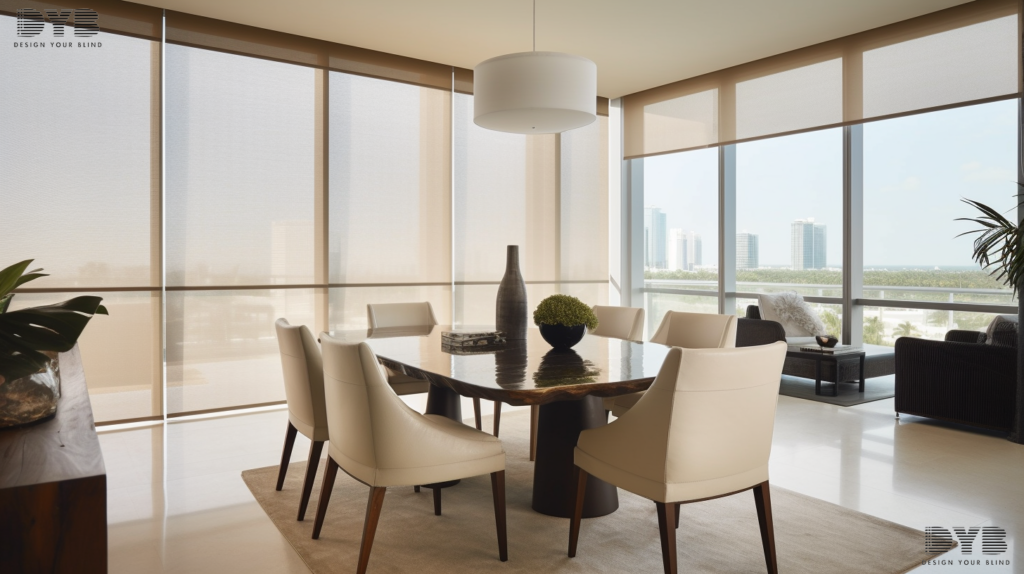 Modern dining room in Delray Beach with fully closed motorized Solar Shades, creating a serene and stylish dining experience.