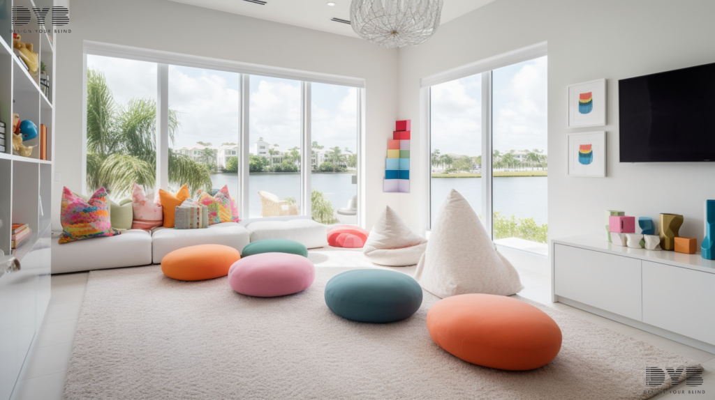 Dining room in Palm Beach Gardens, Florida, featuring Zebra Shades, overlooking a lush backyard.