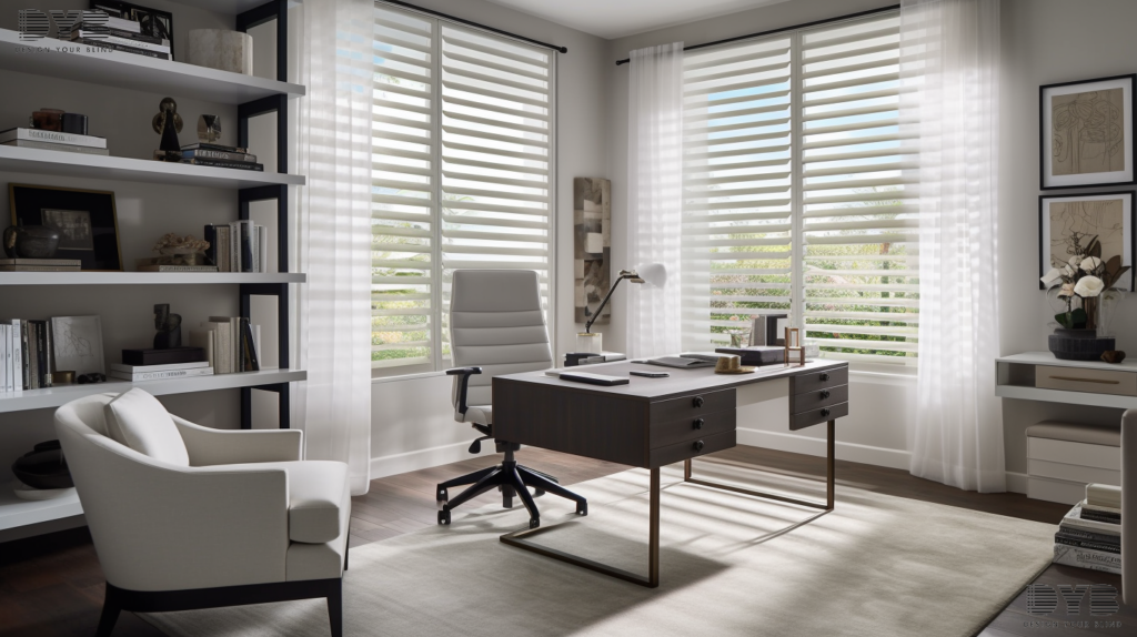 A home office in Parkland, Florida, with Silhouette Shades on the windows, a sleek desk, a comfortable chair, and a bookshelf.