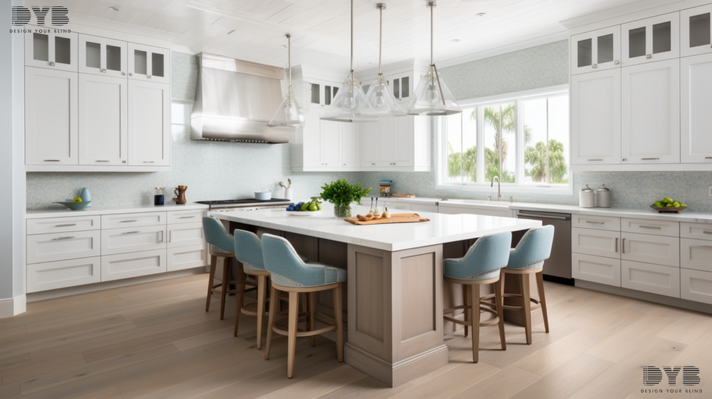 A kitchen in Parkland, Florida, with Silhouette Shades on the windows, a large island with bar stools, and a farmhouse sink.