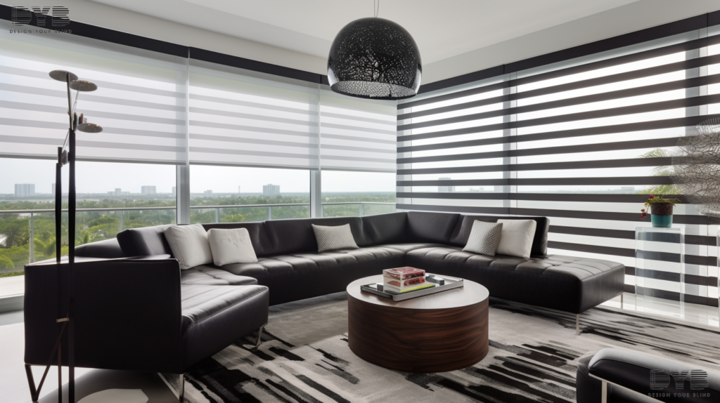 A living room in Parkland, FL, with Designer Banded Shades, a leather sectional sofa, and a glass coffee table.
