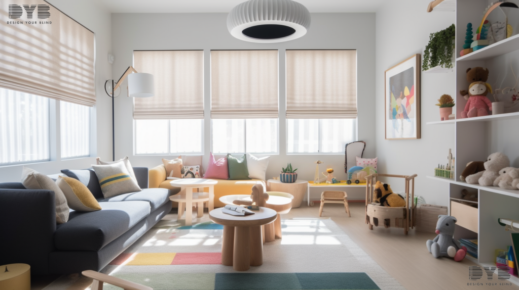 Blackout Roller Shades in a Parkland, FL playroom, creating a fun and inviting space for kids.
