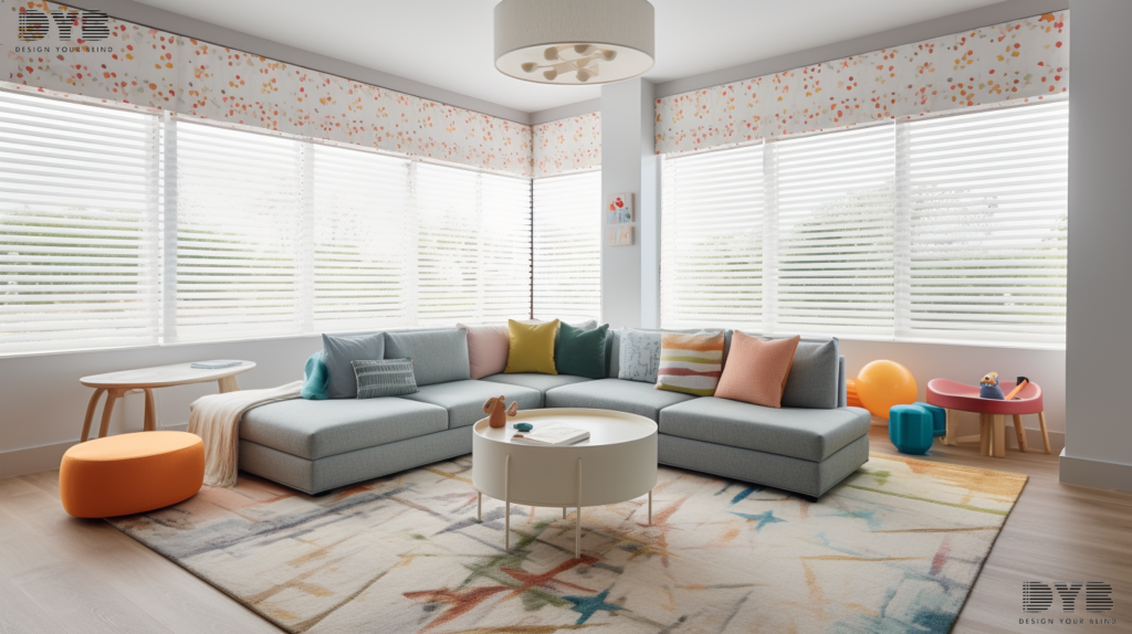 A playroom in Parkland, Florida, with Silhouette Shades on the windows, a sectional sofa, and a large rug with playful patterns.