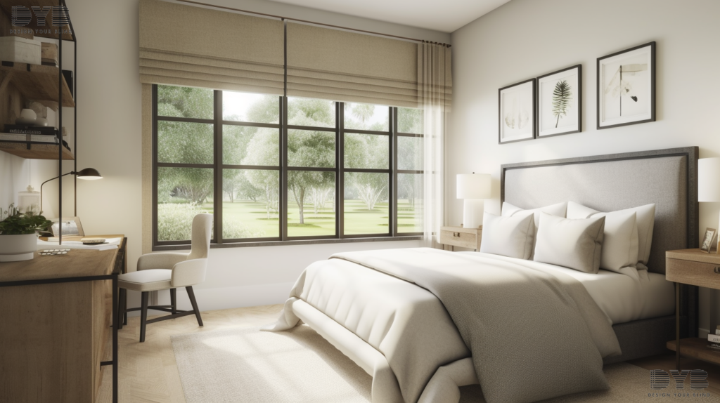 A guest bedroom in Parkland, Florida, with Silhouette Shades on the windows, a comfortable bed with a plush duvet, and a rustic nightstand.