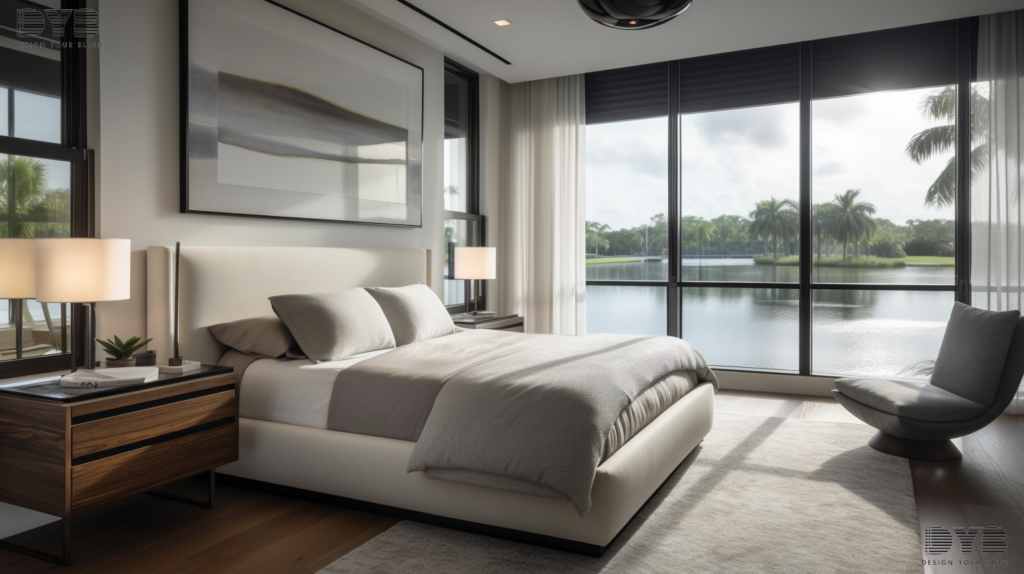 A bedroom in Parkland, Florida, with Silhouette Shades on the windows, a king-sized bed, and a nightstand with a lamp.