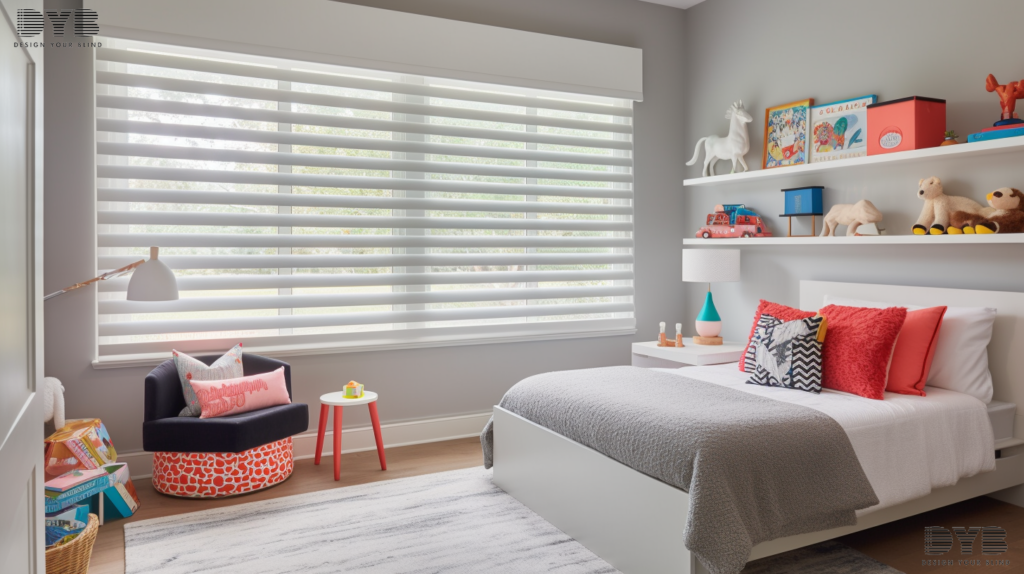 A Kids Bedroom with Zebra Shades in Boca Raton, Florida, showcasing a Farmhouse Modern style.