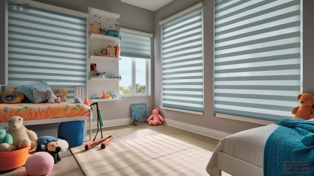 A Kids Bedroom with Zebra Shades in Boca Raton, Florida, overlooking the ocean.