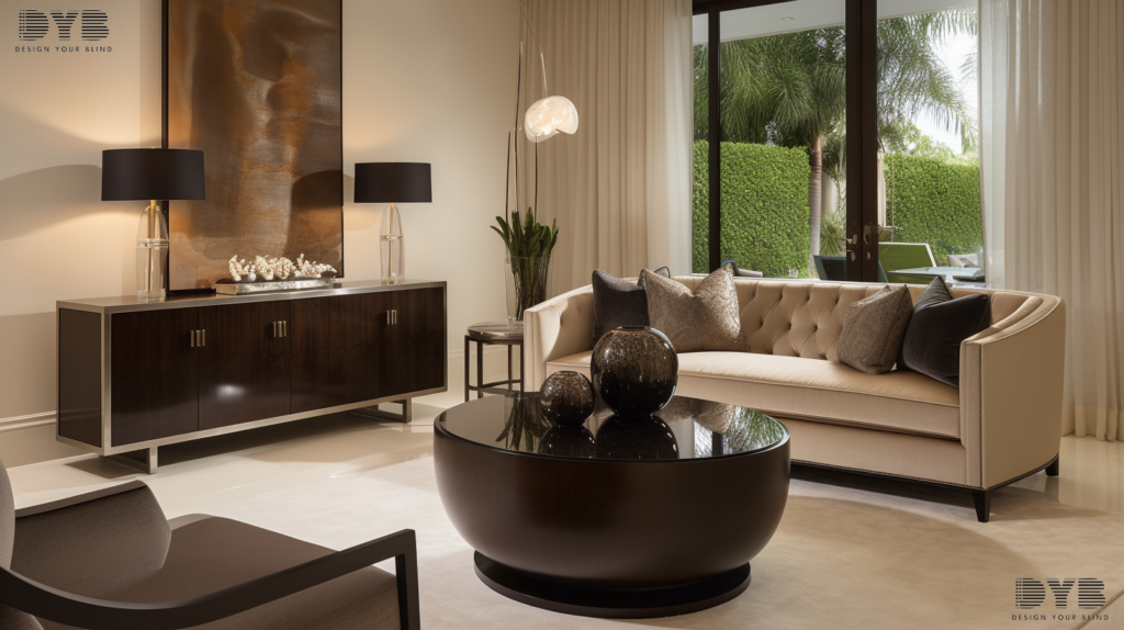 A Palm Beach Gardens living room with blackout roller shades, creating a sanctuary of serenity.