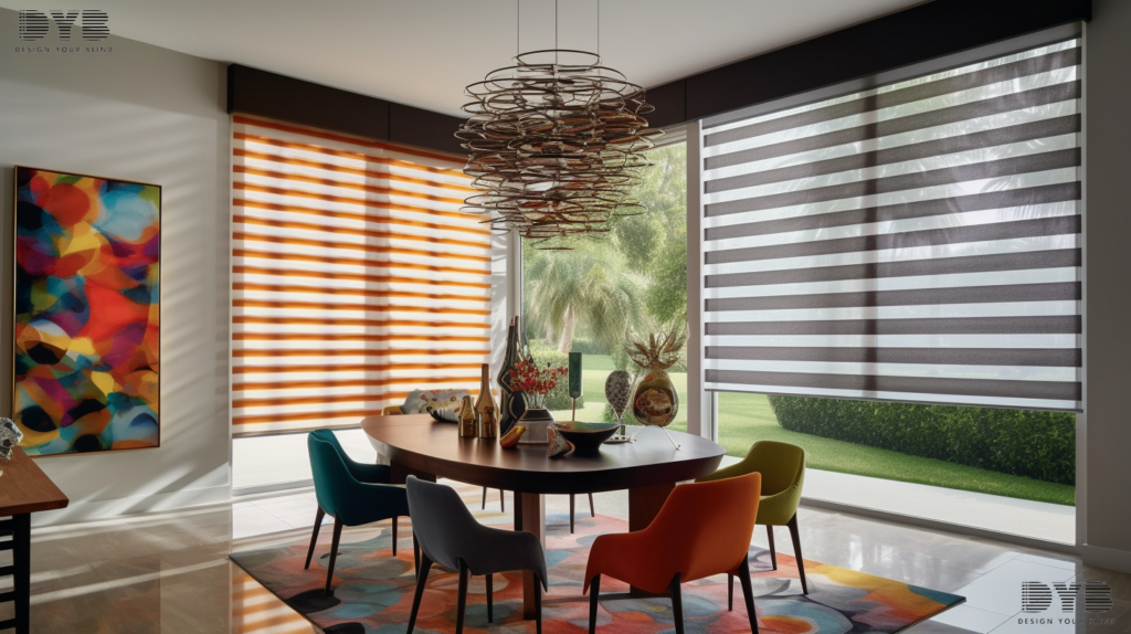 A Modern dining room in Boca Raton with a large window showcasing partially closed Roman Shades with a vibrant floral fabric, creating a soft, diffused glow. The window overlooks the Intercoastal Waterway, bringing a touch of serenity and beauty to the room.