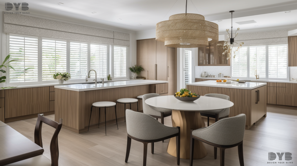 A transitional Boca Raton kitchen with sleek, contemporary furniture from Baker Furniture featuring Blackout Roller Shades, creating privacy and tranquility. The shades are a soft, neutral beige color, blending seamlessly with the room's warm tones and creating a cozy atmosphere. The windows overlook a stunning golf course, bringing a touch of nature into the space.