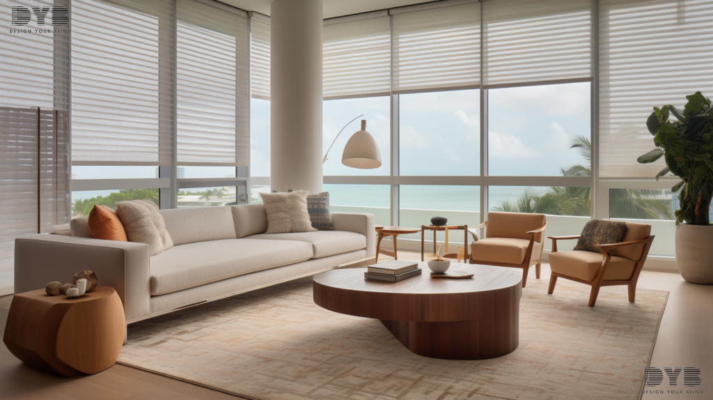Contemporary living room in Boca Raton with Roller Shades, Crate & Barrel furniture, and a warm ambiance.