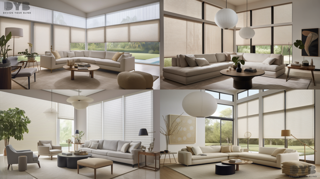 A formal living room in Boca Raton showcasing Honeycomb Shades in a Minimalist style, with furniture from Mitchell Gold + Bob Williams. The shades are a soft, light beige color, blending seamlessly with the room's neutral color palette and creating a sense of tranquility and privacy.