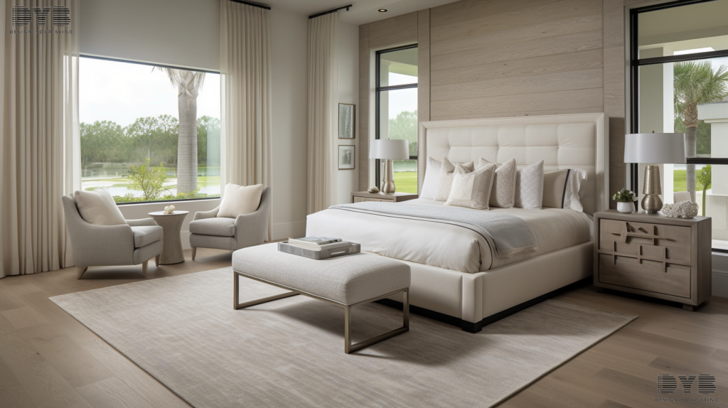 Boca Raton master bedroom with Roller Shades, a king-sized bed, and a luxurious ambiance.