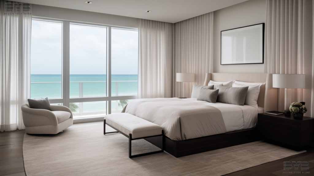 A master bedroom in Boynton Beach, FL, with Sheer Curtains, a king-sized bed, plush duvet, and sleek nightstand from Baker Furniture, styled in a Minimalist interior design.