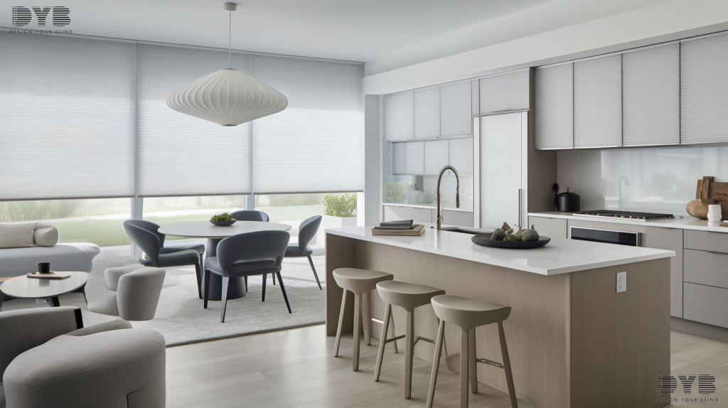 A stylish, open-plan kitchen in Parkland, FL, featuring cellular shades, sleek cabinets, stainless steel appliances, and a large island with seating.