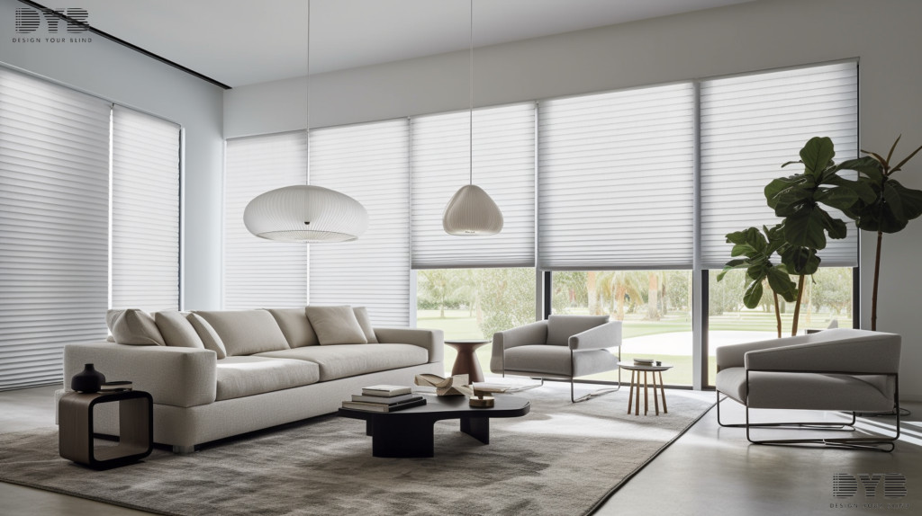 A stylish living room in Parkland, FL, with cellular shades partially closed, a sleek sofa, and a large abstract sculpture.