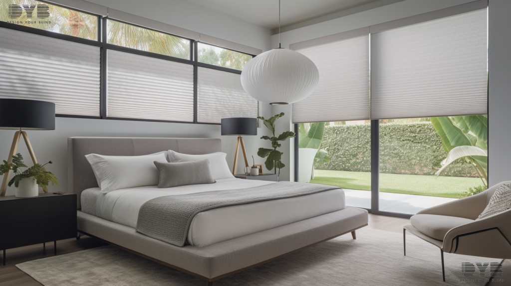 Bedroom in Parkland with Honeycomb Shades overlooking a backyard with a pool.