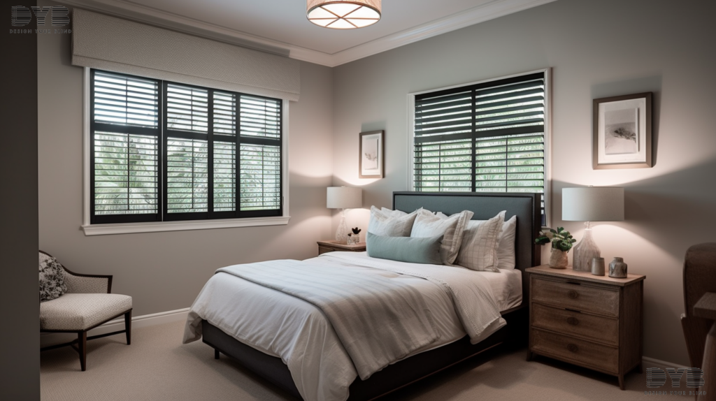 A spacious guest bedroom in Palm Beach Gardens, FL, with Honeycomb Shades, a comfortable Crate & Barrel bed, and a stunning golf course view.