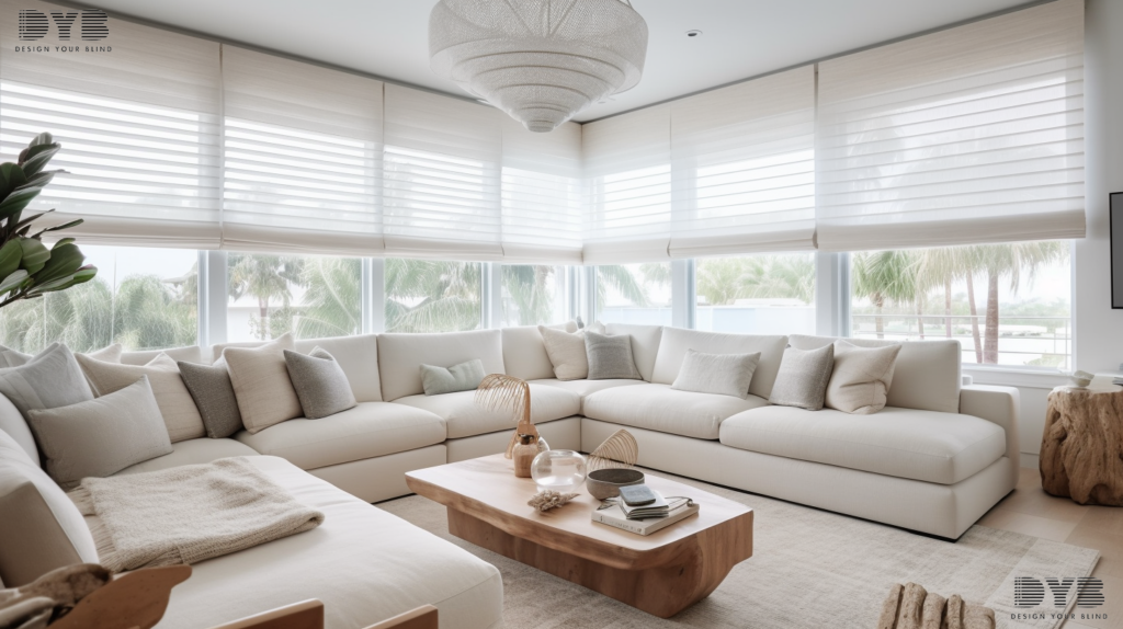 A living room with Designer Banded Shades in Highland Beach, Florida.