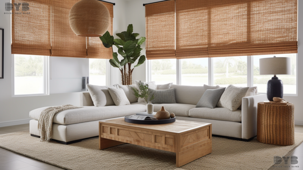 A living room with Woven Woods Roman Shades in Highland Beach, Florida.