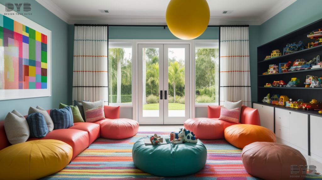 A vibrant playroom in Palm Beach Gardens, FL, with Honeycomb Shades, playful furniture from Mitchell Gold + Bob Williams, and a backyard with a pool.
