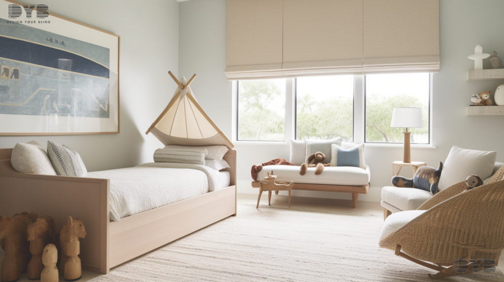 A serene kids' bedroom in Palm Beach Gardens, FL, with Honeycomb Shades, a cozy Williams Sonoma bed, and a wooden rocking chair.