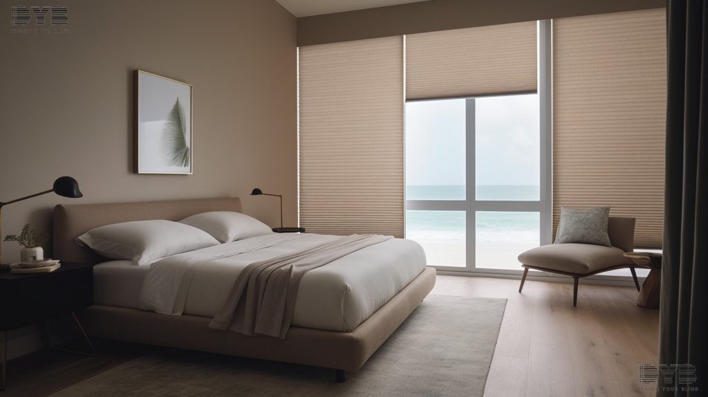A bedroom with Hunter Douglas Honeycomb Shades in Highland Beach, Florida.