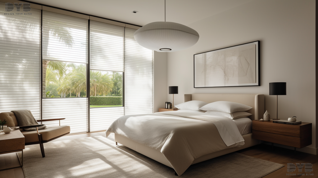 Modern bedroom in Boca Raton with Roller Shades, sleek furniture, and a calm ambiance.