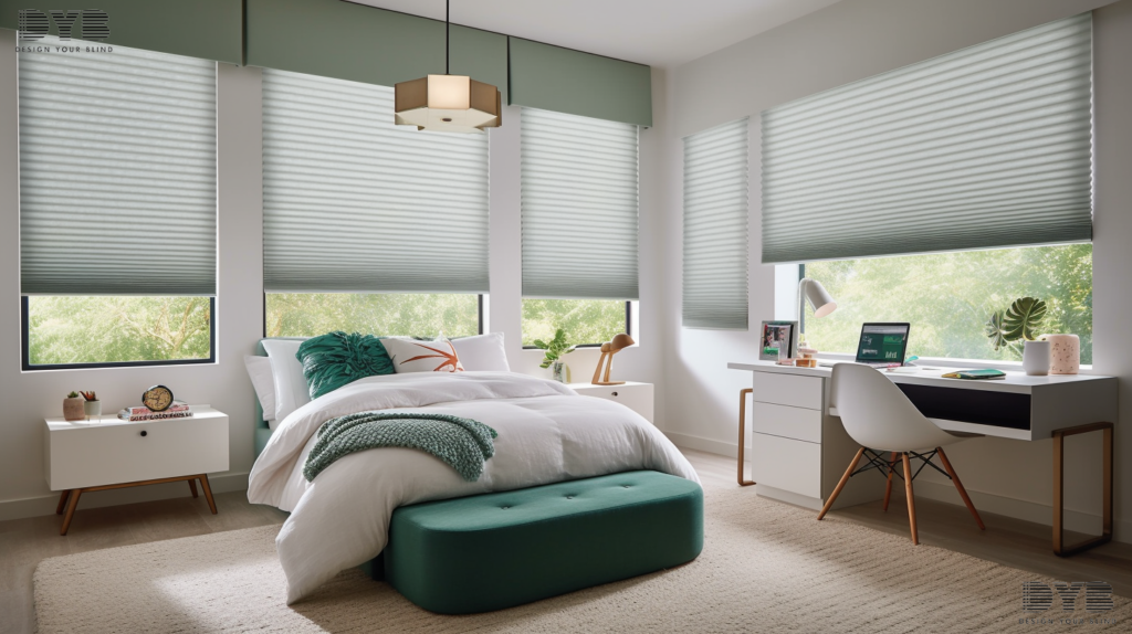 Kids bedroom in Parkland with Honeycomb Shades overlooking a golf course.