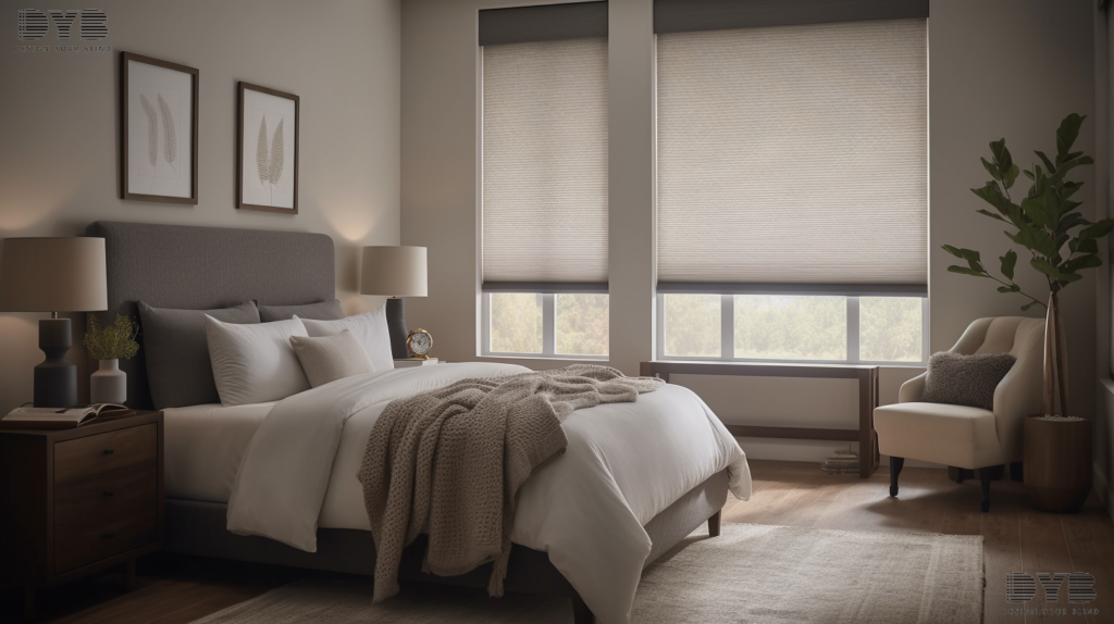 A bedroom in Parkland, FL, featuring blackout cellular shades, a plush bed, soft bedding, and a comfortable reading chair.