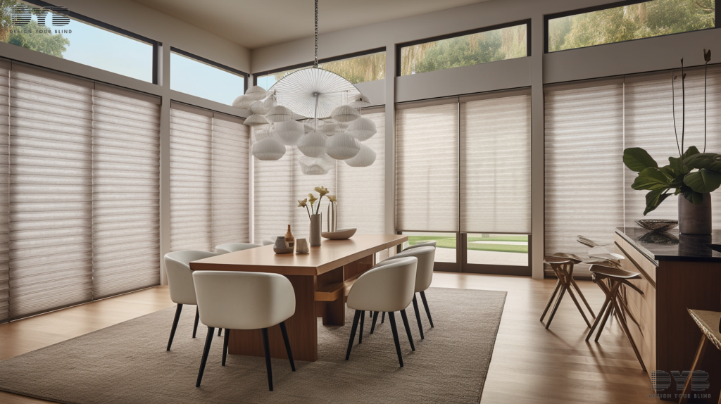 Dining room in Parkland, FL, with Honeycomb Shades overlooking a garden.
