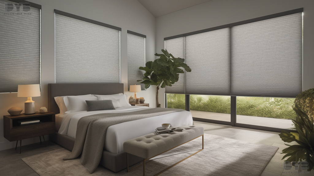Master bedroom in Parkland with Honeycomb Shades overlooking a backyard with a pool.