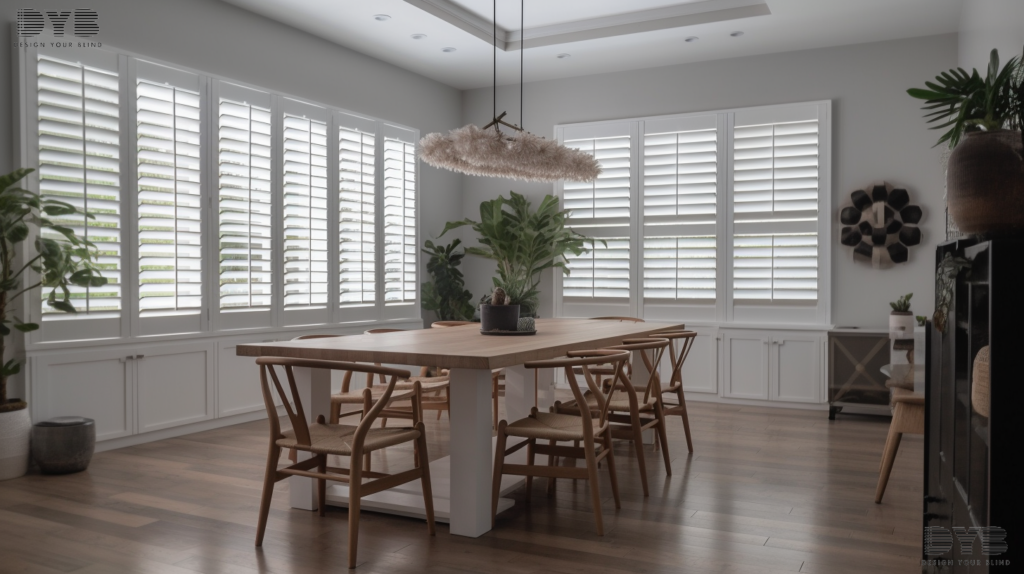 A dining room with Plantation Shutters in Highland Beach, Florida.