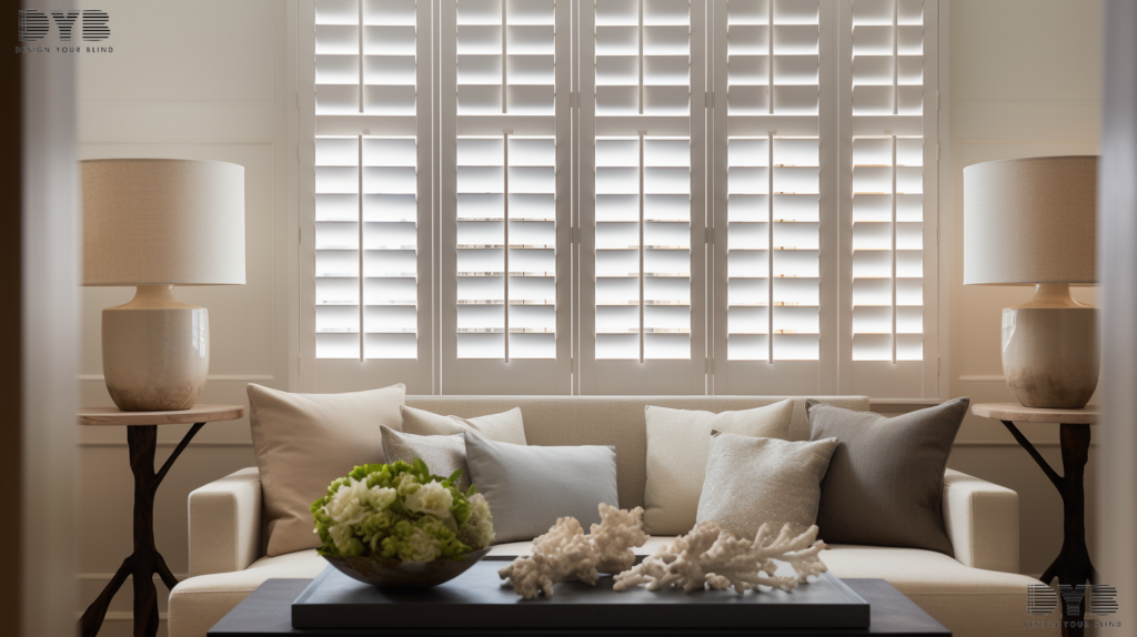 A sunlit dining room in Highland Beach, FL, with fully closed Plantation Shutters on large windows that frame a view of the backyard. The room is furnished with transitional-style pieces from Mitchell Gold + Bob Williams, including a rustic dining table and upholstered chairs. The shutters offer complete privacy, creating a serene and intimate atmosphere for dining. The room's warm tones and soft lighting enhance the feeling of comfort and relaxation. Shot Type: over-the-shoulder.