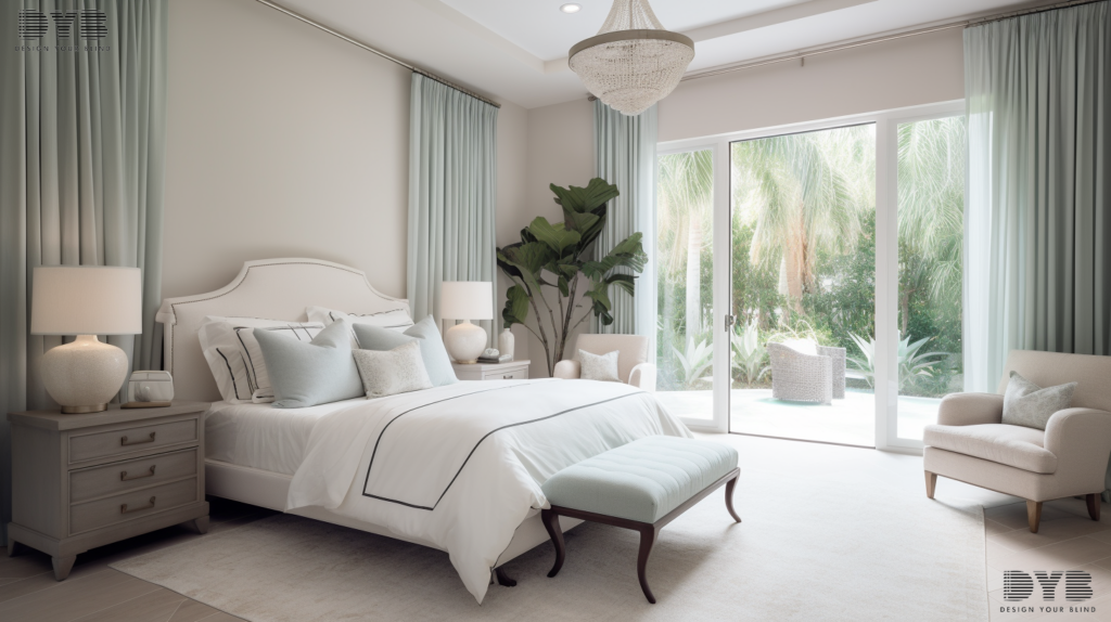 A coastal-style master bedroom in Boynton Beach, FL, with Sheer Curtains, a king-sized bed, plush armchair, and glass coffee table from Restoration Hardware (RH).