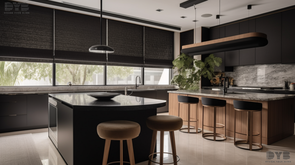 A modern kitchen in Boca Raton designed in an Urban Modern style featuring a large window showcasing Blackout Roller Shades, fully closed, creating a sense of privacy and tranquility. The shades are a dark gray color, contrasting beautifully with the bright white cabinets and countertops. The windows overlook a lush garden, creating a serene atmosphere.