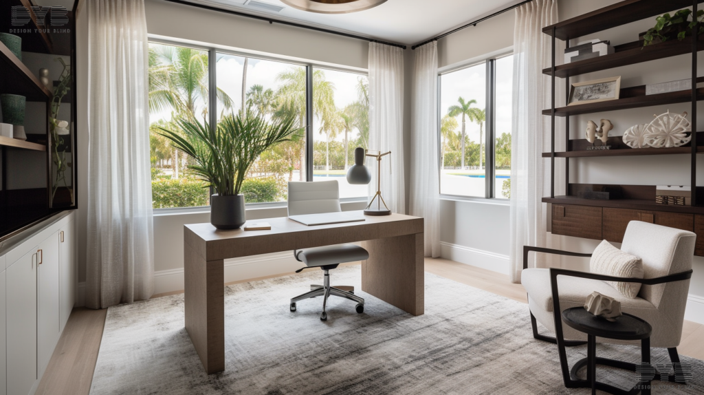 A modern home office in Boca Raton, featuring Cellular Shades, a sleek desk, and an ergonomic chair.