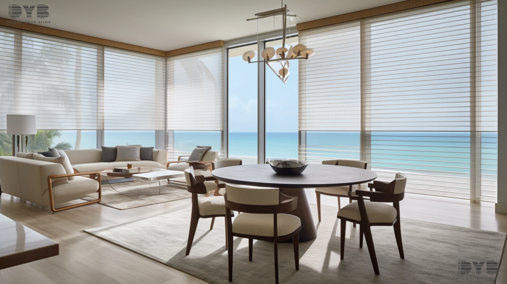 Boca Raton dining room with Screen Shades, a sleek dining table, and a stunning ocean view.