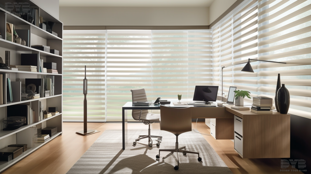 A modern home office in Boca Raton, featuring Pirouette Shades, a sleek desk, and a comfortable office chair.