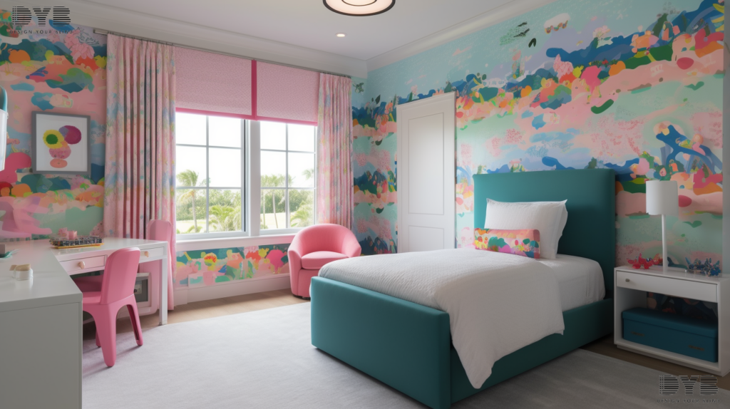 Boca Raton kids' bedroom featuring a Transitional design with Screen Roller Shades, playful furniture, and a whimsical wall mural, creating a space that is both fun and calming.