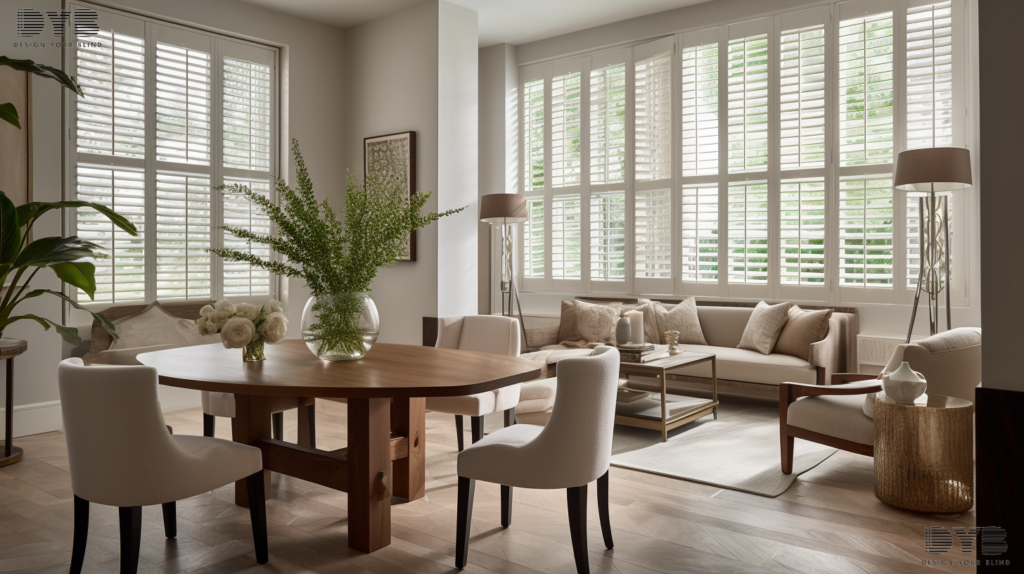 Plantation Shutters in a Boynton Beach dining room, allowing soft light to stream through.