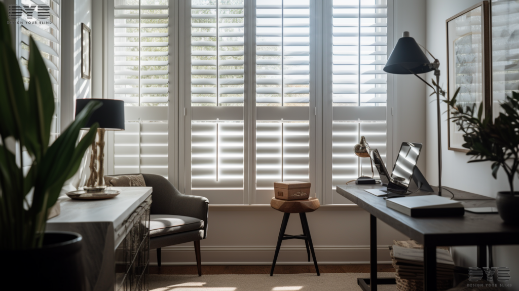 Plantation Shutters in a Boynton Beach home office, allowing soft light to filter through.