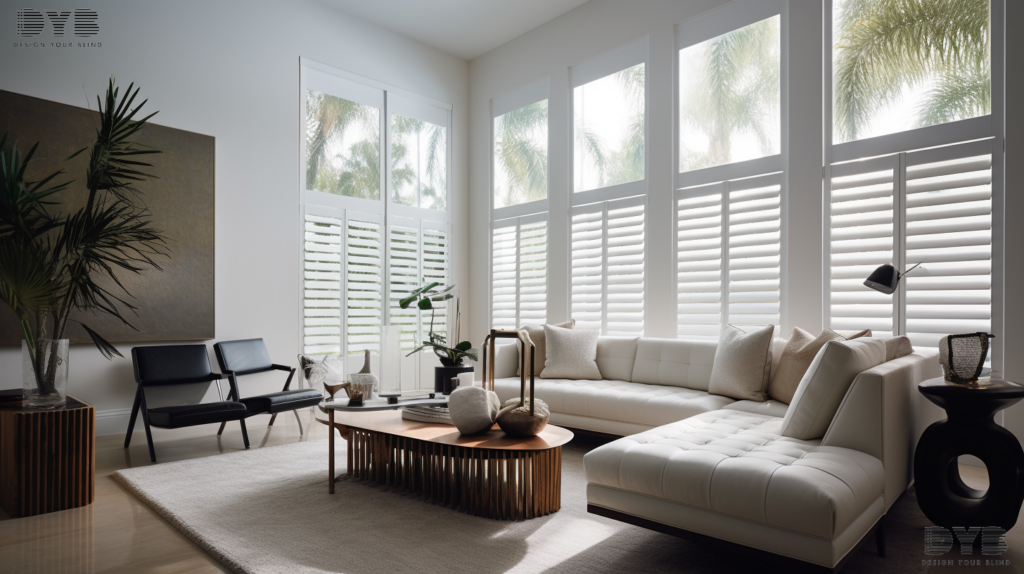 Plantation Shutters in a Boynton Beach living room, allowing soft light to filter through.